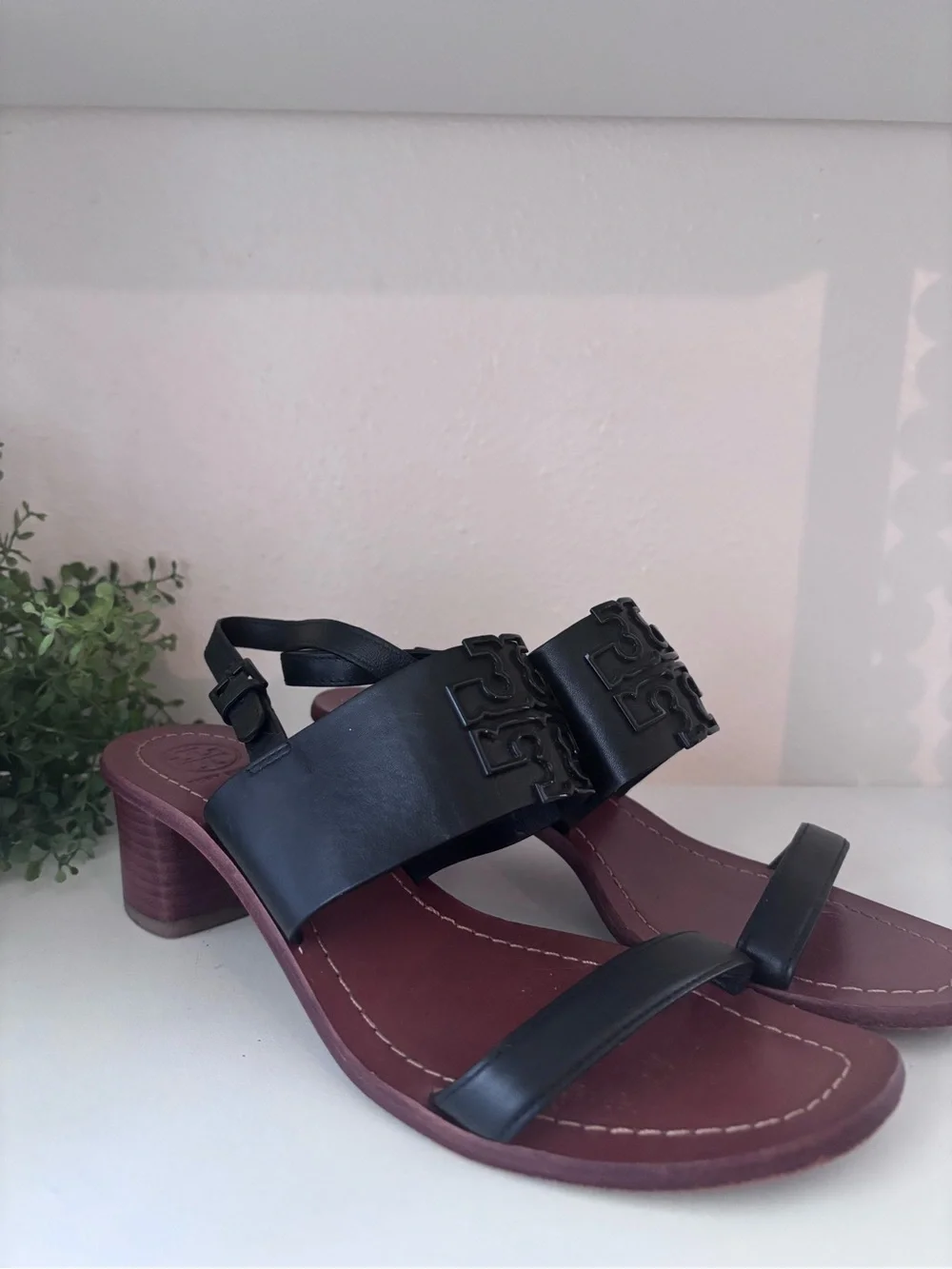 Tory Burch Black Leather Slingback Block Heel Sandals